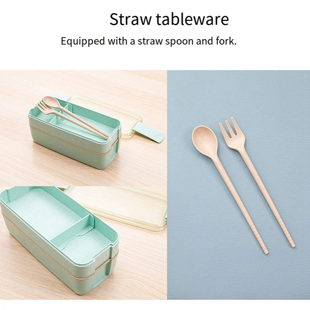 Y51A-Portable Bento Box, 3-Layers Lunch Box, 900ML Wheat Straw Dinnerware Food Storage Container Green Durable 11.2 X 8.2 X 18.5